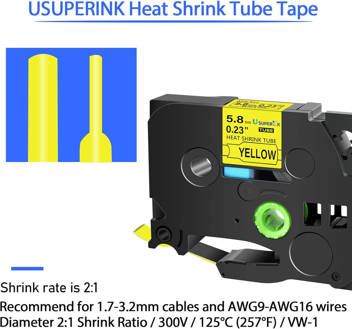 10PK Compatible for Ptouch HSe-611 HSe611 HS-611 HS611 Black on Yellow 5.8mm 0.23'' Heat Shrink Tubing for Wire Cable for PT300 PT-300B PT310 PT310B PT320 Label Maker Tape