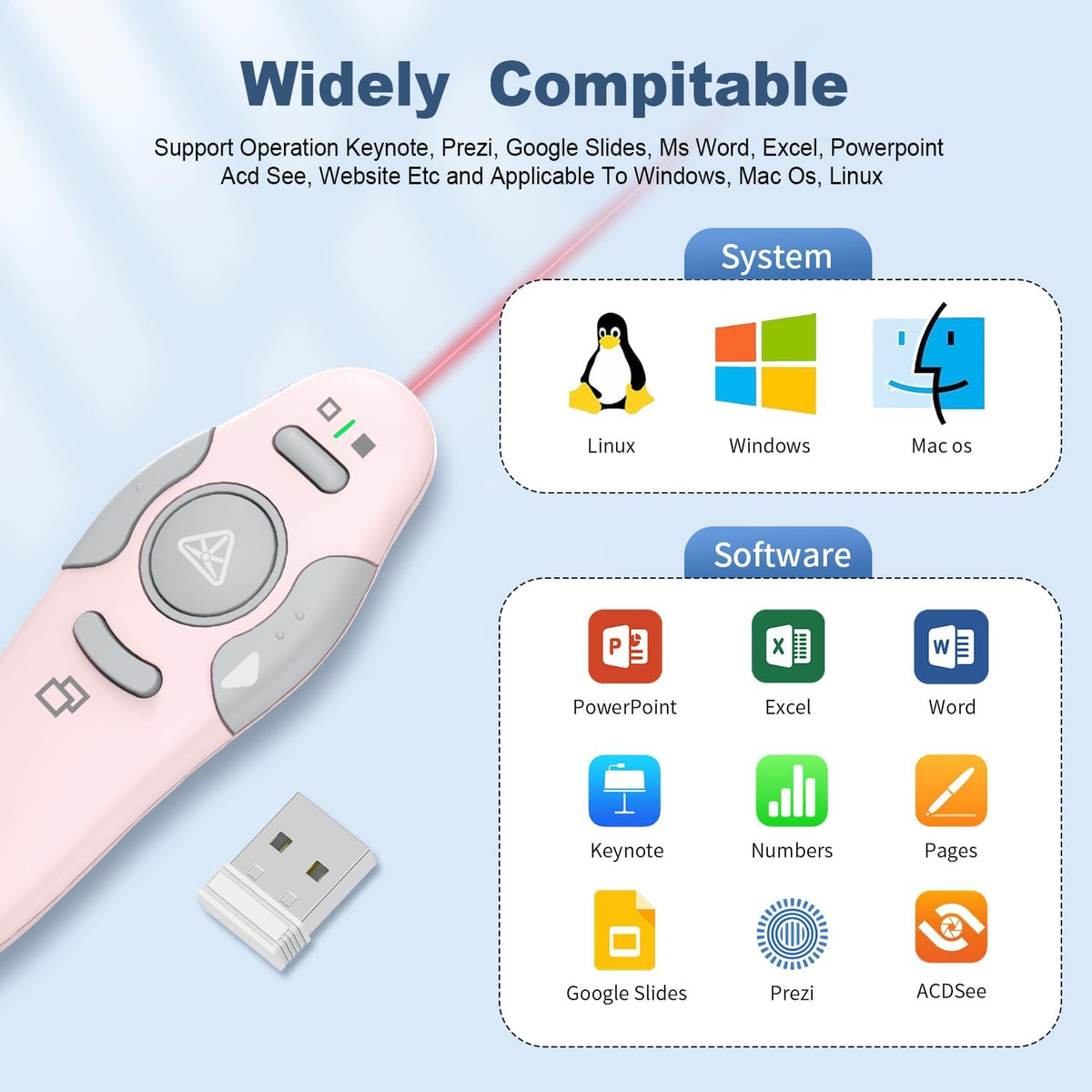 QUI Presentation Clicker Wireless Presenter Remote Clicker for PowerPoint Presentation Remote, PowerPoint Slide Advancer for Mac/Windows/Linux, Google Slide/PPT/Keynote, USB, Pink