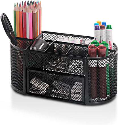 Comix Mesh Pen Pencil Holder Desk Organizer, 8 Compartment and 1 Drawer Wire Desktop Pen Pencil Cup Caddy Office Supplies Accessories for Home Office School, Black