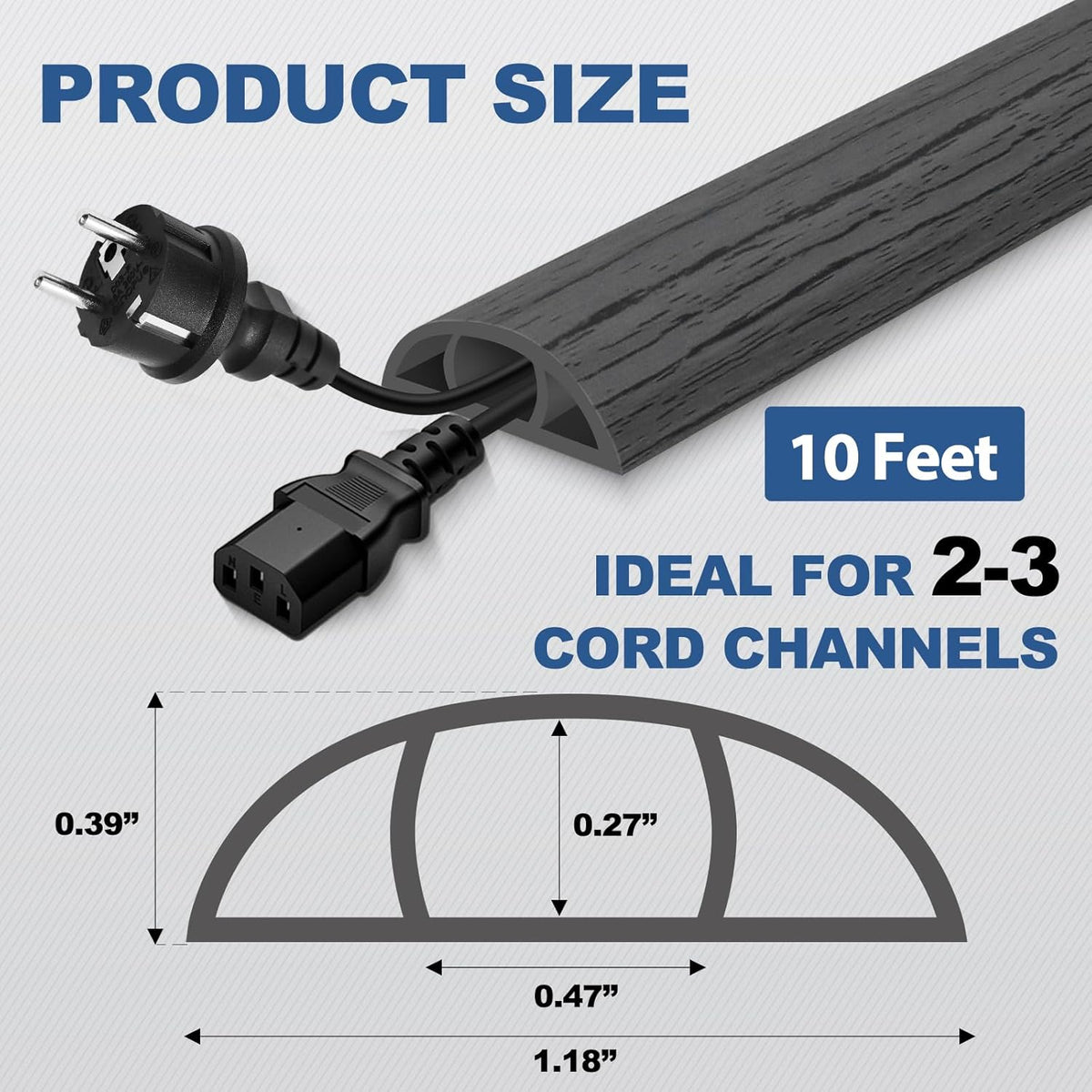 Floor Cord Cover for Wires on Floor Self Adhesive Cord Hider Floor Cable Management Wire Covers for Cords Protector Prevent Cable Trips Cord Cavity W 0.47" x H 0.27", Deep Gray Wood, 10Ft