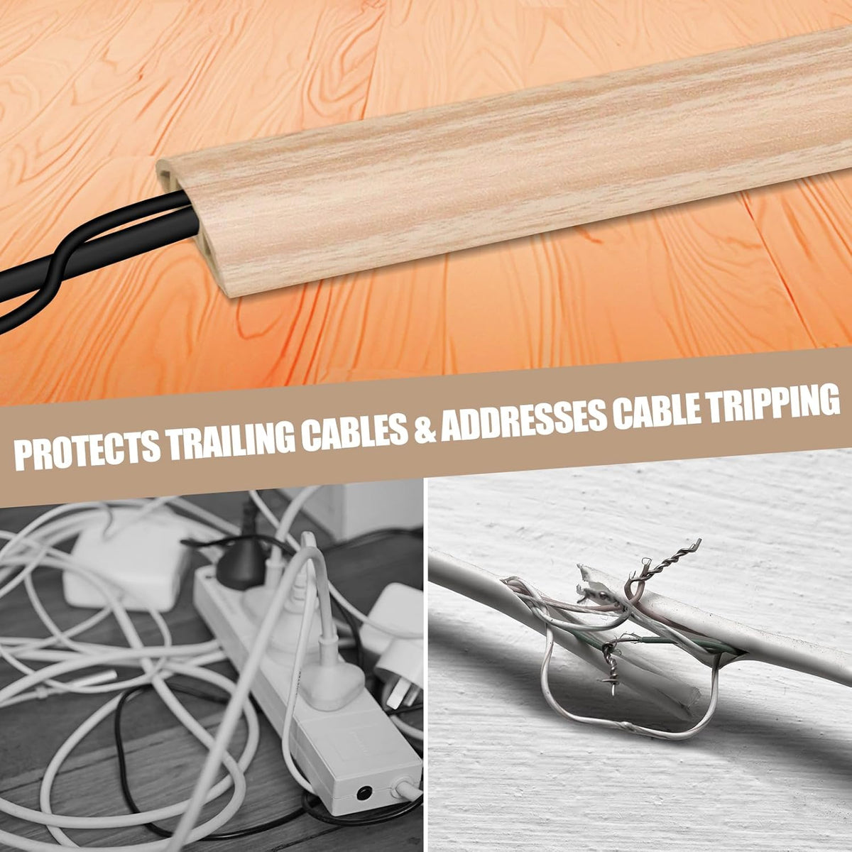 Floor Cord Cover Self Adhesive Cord Hider,10FT Cable Management, Extension Strip Protector for Wires, Prevent Cable Trips for Offices, Gyms, Exhibitions Cavity:0.3"(W) x0.28(H) WoodLightyellow