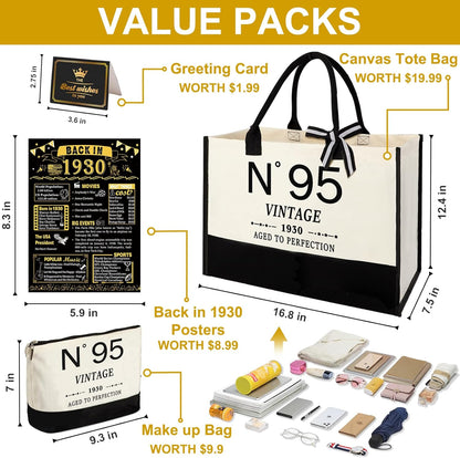 95th Birthday Gifts for Women Canvas Tote Bag Travel Gear,Unique 95 Years Old Gifts for Wife Mom Sister Aunt Friends Her, Vintage N°95 Handbag & Cosmetic Bag & Back in 1930 Poster