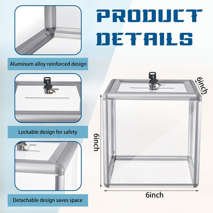 2 Pcs 6 x 6 x 6 in Acrylic Donation Raffle Box with Slot & Lock, Large Clear Ballot Offering Suggestion Ticket Container for Fundraising Drawing Tip Jar Voting (Clear)
