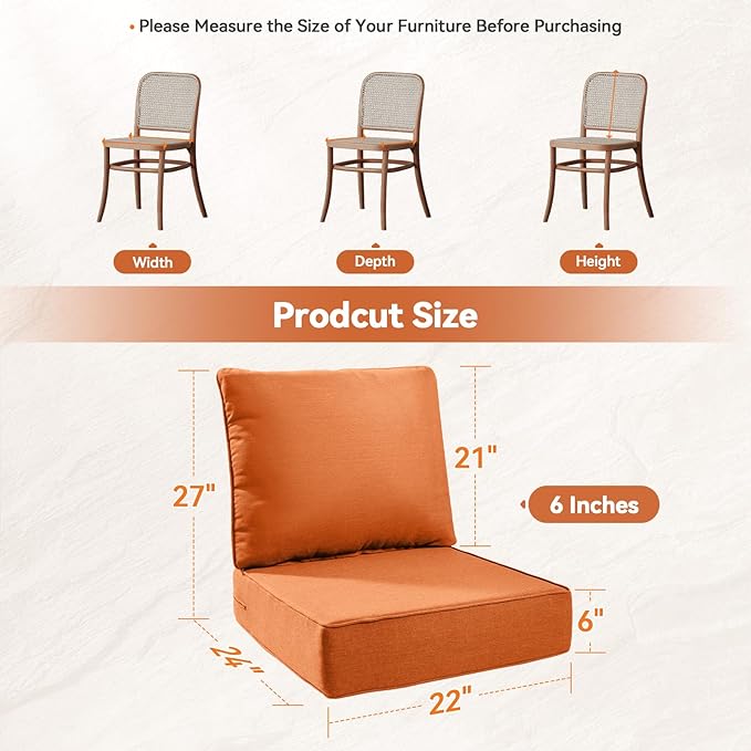 6" Thick Outdoor Cushions 22x24x6, 5-Set Deep Seat Patio Cushions with Removable Cover, Waterproof & Fade Resistant Replacement for Wicker Chair, Loveseat, Sofa - Orange