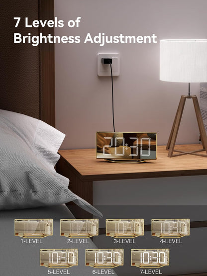 Digital Alarm Clock for Bedrooms, Slim LED Desk Clock with Gold Mirror Finish, 7 Levels Brightness, Dual USB Ports, Snooze, 12/24H, 8.7" Large Display Modern Bedside Clock for Home Office Decor