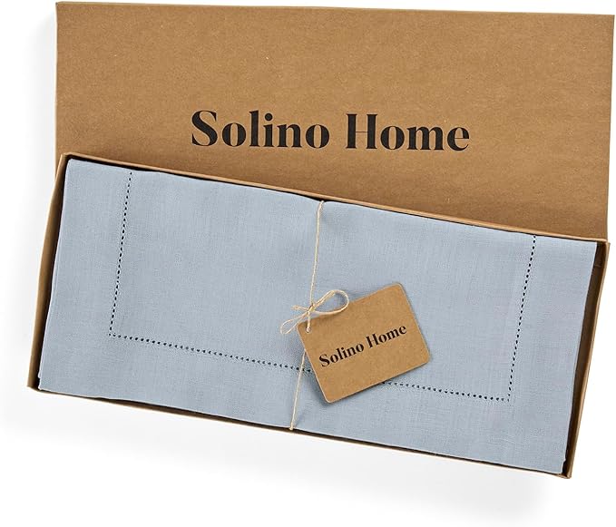 Solino Home Linen Dusty Blue Table Runner 36 Inches - Classic Hemstitch, 100% Pure Linen Coffee Table Runner 14 x 36 Inch Ideal for Dresser Tables