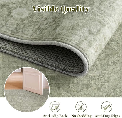 Homemate Washable Rug 8x10 Area Rugs - Vintage Faux Wool Rugs for Living Room Bedroom Dining Room - Non Slip Foldable Carpet Indoor Area Rug for Home Decor（8'x10', Green