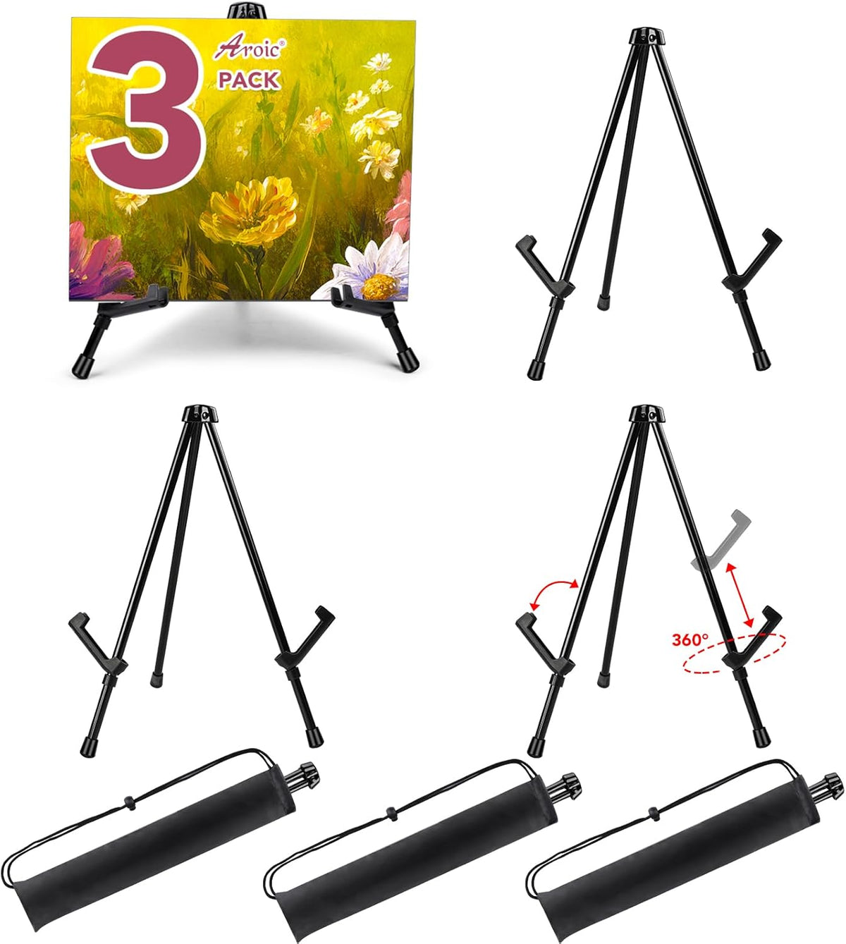 AROIC 3 Pack 14'' Tabletop Easels, Black Steel Table Top Easels for Display, Adjustable Portable Table Top Easel for Paintings, Signs, Posters,Frame Pictures(with 3 Bags)