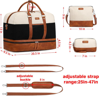 Weekender Bag for Women, Large Overnight Bag Canvas Travel Duffel Bag Carry On Tote with Shoe Compartment 21" 3Pcs Set