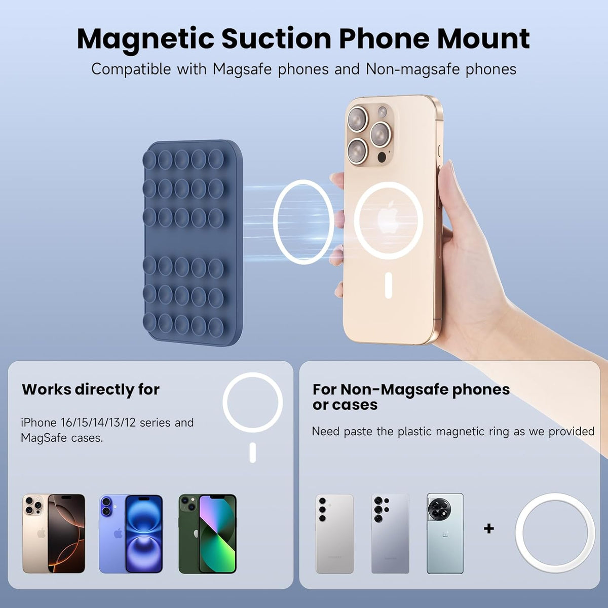Patented Magnetic Sticky Phone Suction Grip Mount for MagSafe Case,Magnet Silicone Portable Stand Holder for iPhone 16/15/14/13/12 Series and Android, Hands-Free Selfies and Videos,Deep Blue
