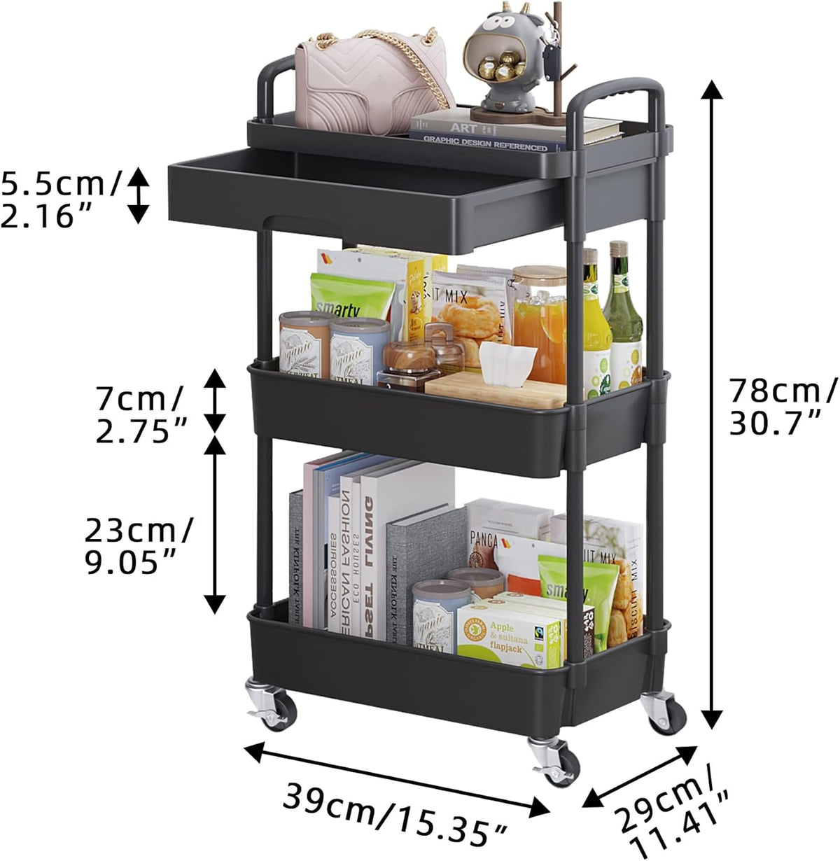 Calmootey 3-Tier Rolling Utility Cart with Drawer,Multifunctional Storage Organizer with Plastic Shelf & Metal Wheels,Storage Cart for Kitchen,Bathroom,Living Room,Office,Black