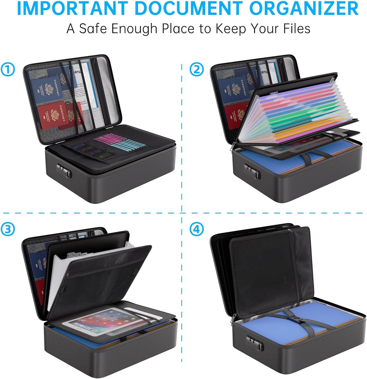 ENGPOW File Organizer Bag with 13 Pocket Accordion File Folder, Fireproof Document Organizer with Lock& Labels,Multi-Layer Portable Home Travel Safe Storage Box for Important Documents,Files and More