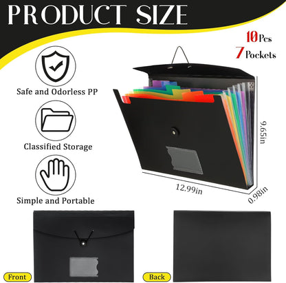 Glenmal 10 Pcs 7 Pocket File Folders File Organizer Expanding Folder with Labels Plastic Expandable Folder Pocket Folder A4 Letter Size Paper Organizer Folder for Office(Black)