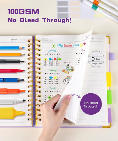 Hardcover Spiral Notebook journal with Removable Dividers Tabs, 300 Pages Leather 5 Subject Notebook College Ruled, 8"x10" Large B5 Notebooks for Work School Note taking,Lined Journal for Women,Purple