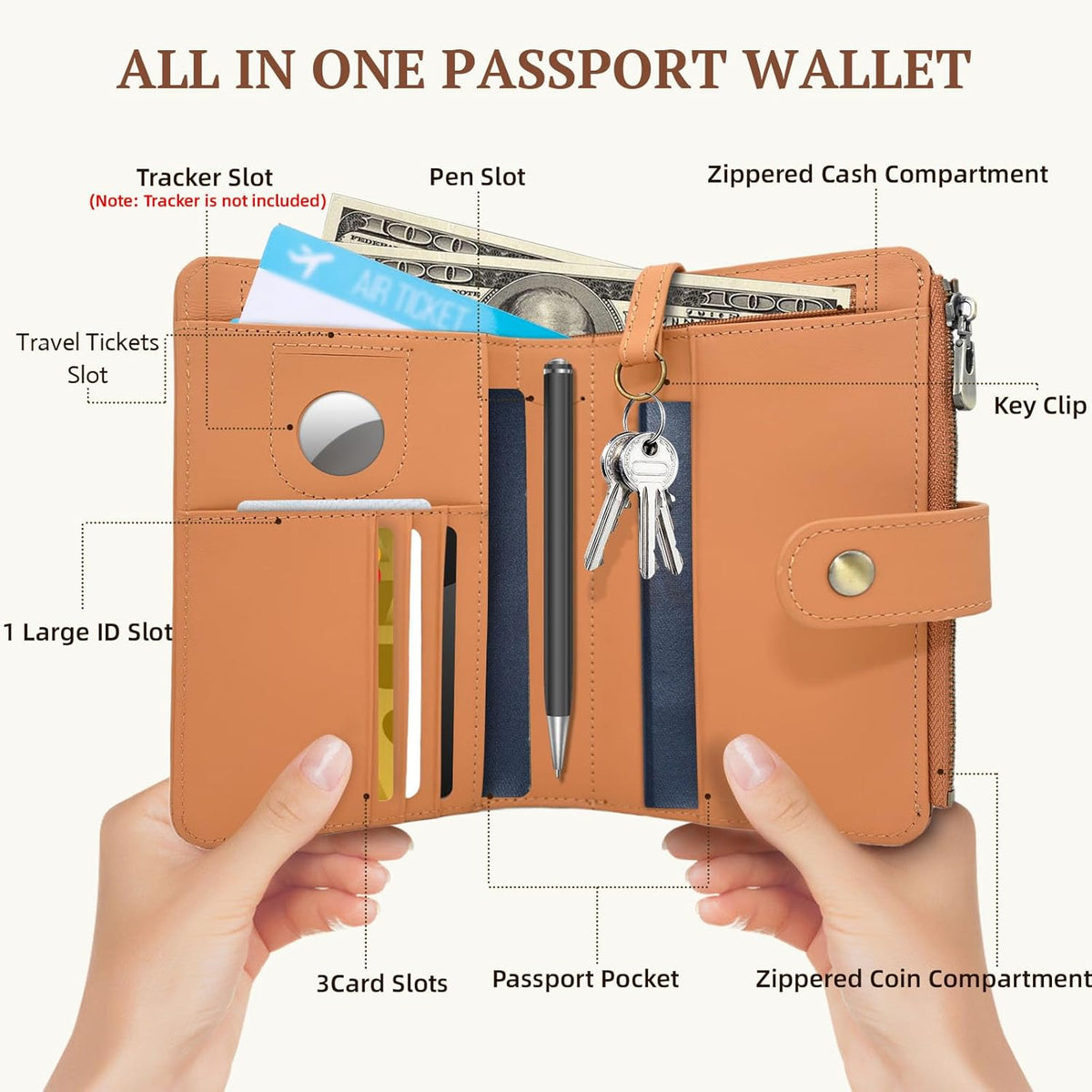 Full Grain Leather Passport Wallet, RFID Blocking Passport Holder with Tracker Slot, Multi Compartment Travel Wallet for Women & Men, Secure Passport Cover Case for Airport Essentials (Brown)