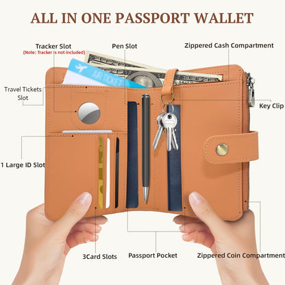 Full Grain Leather Passport Wallet, RFID Blocking Passport Holder with Tracker Slot, Multi Compartment Travel Wallet for Women & Men, Secure Passport Cover Case for Airport Essentials (Brown)