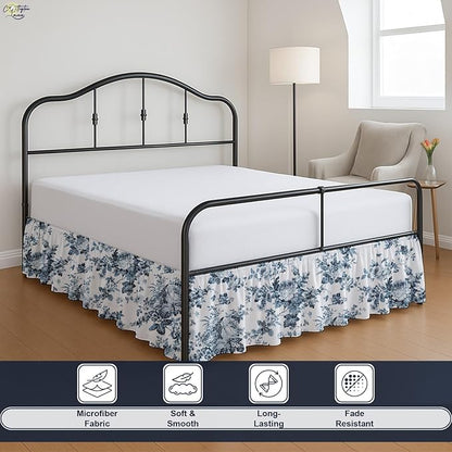 Cottington Lane Ruffled Bed Skirt King Size with Split Corner, Brushed Microfiber Hotel Quality Dust Ruffle, 12 Inch Drop Gathered Bedskirt, Soft, Stylish, Shrink & Fade Resistant, Blue Floral Bliss