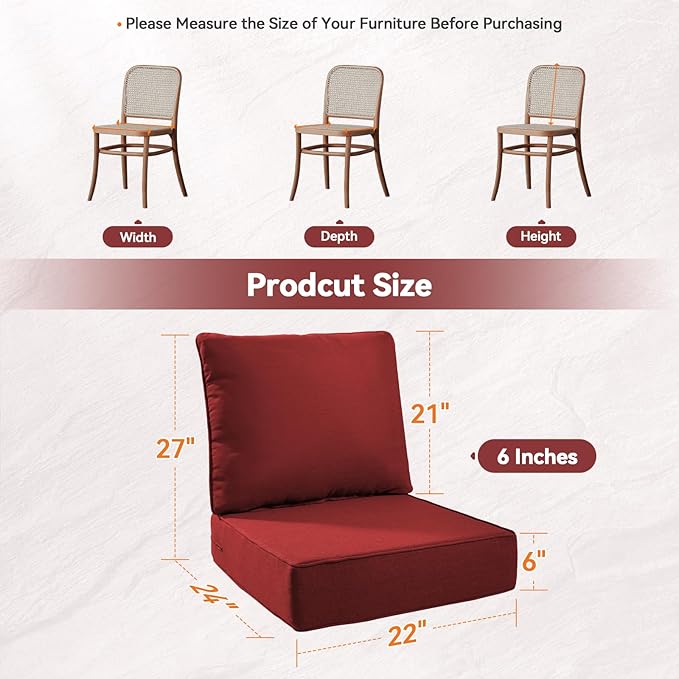6" Thick Outdoor Cushions 22x24x6, 9-Set Deep Seat Patio Cushions with Removable Cover, Waterproof & Fade Resistant Replacement for Wicker Chair, Loveseat, Sofa - Red