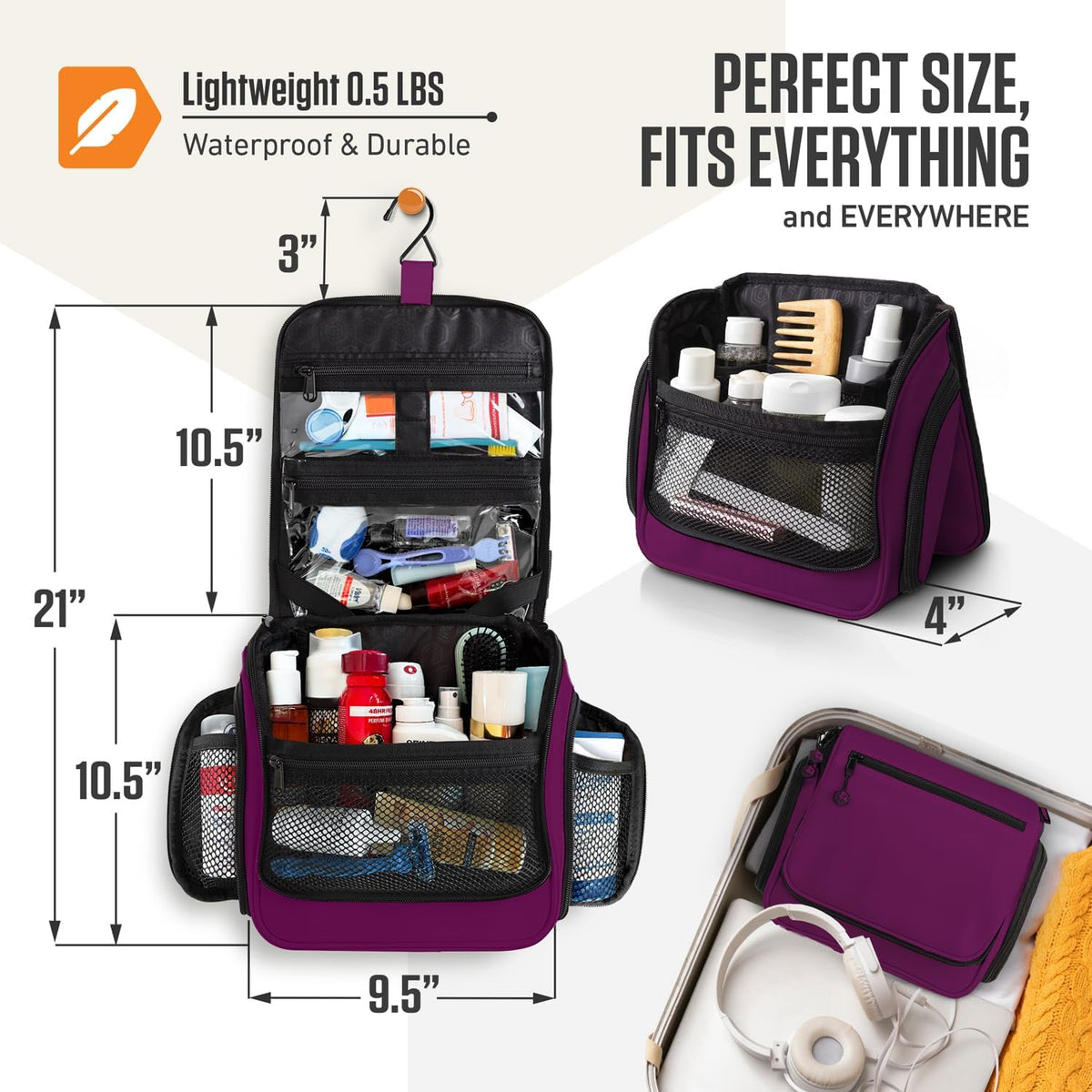 VENTURE 4TH Hanging Travel Toiletry Bag for Women & Men - Travel Organizer with Expandable Compartments & Removable Clear Pouch for Toiletries (Purple)