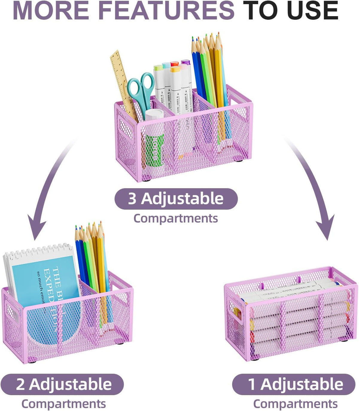 Marbrasse Mesh Pen Holder for Desk,Pencil Holder Desk Organizer 3 Adjustable Compartments,Pencil Cup with Handle Perfect for Classroom, Office, Home,Makeup,Art (Purple)