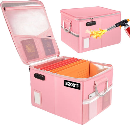 TOMKID 5200°F Fireproof Document Box, Fire Important Document Organizer with Lock, Upgraded Heat Insulated Filing Storage Cabinet Office Organization (5200°F Fireproof Box, Pink)