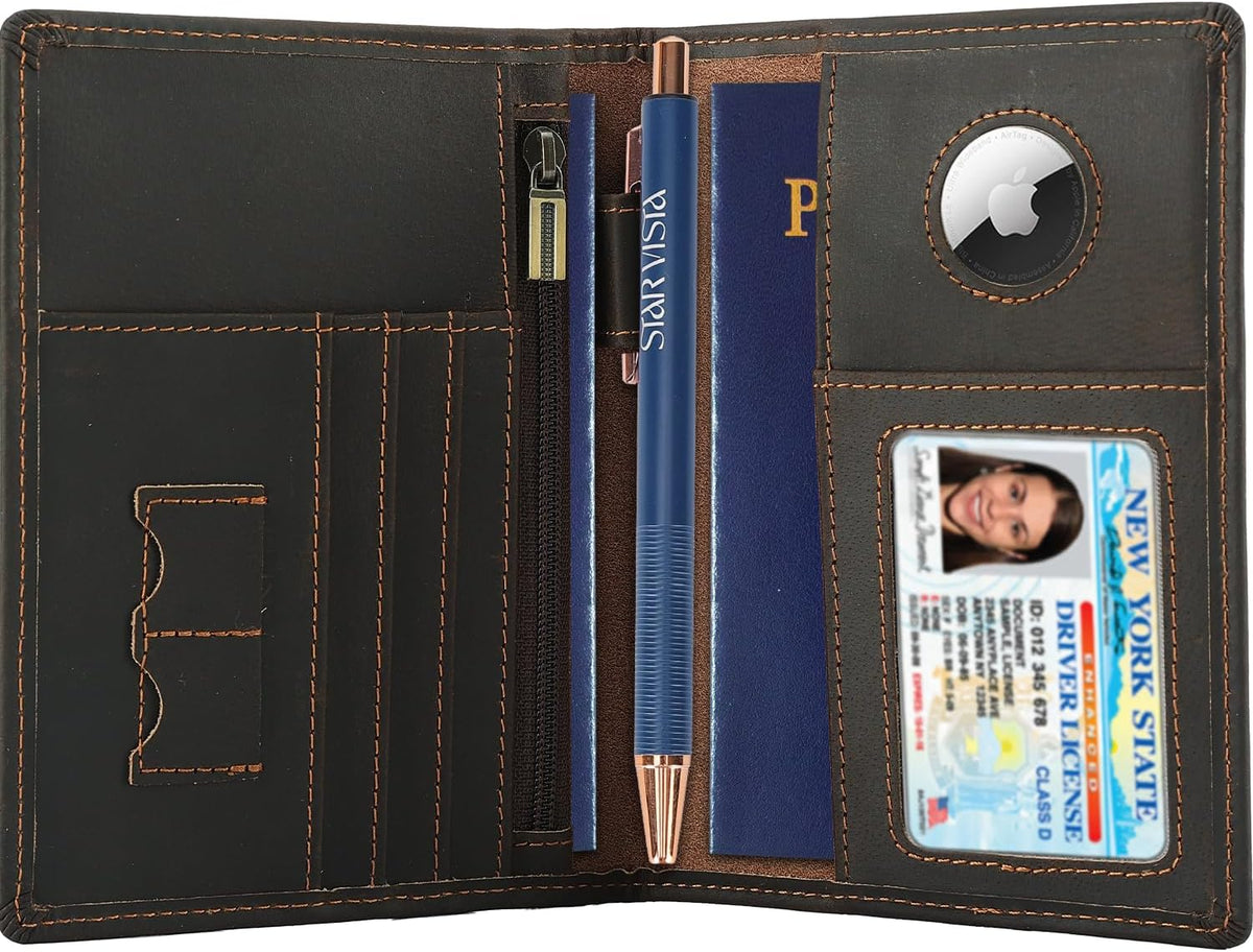 STAR VISTA Phoenix Leather Passport Holder, Cowhide Leather Travel Wallet - RFID Blocking, ID Window, Zipper Pocket, Pen & Notebook Included, AirTag Holder, Dark Chocolate