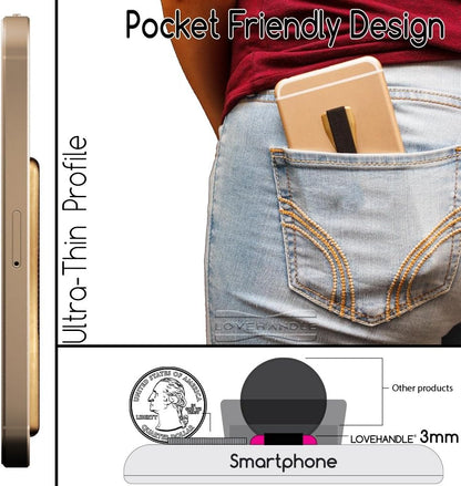 LOVEHANDLE Universal Phone Grip for Smartphones & Mini Tablets - Phone Holder for Hand - Wireless Charging Compatible - Made in The USA - Black Elastic Strap with Mauve Rose Base