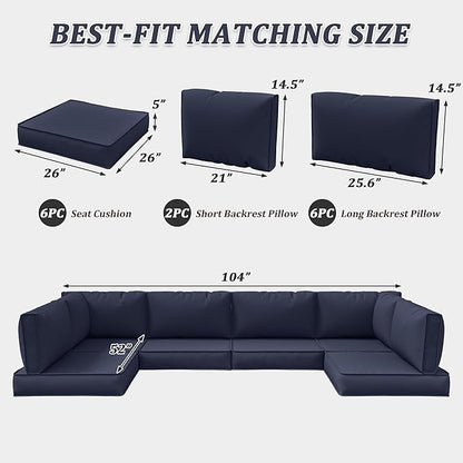 14-Piece Outdoor Cushions for Patio Furniture Thick Outdoor Chair Cushions 5" Foam High-Density Water-Resistant Deep Seat Cushion for 6-Seat Sectional Sets Liner&Cover Navy Blue