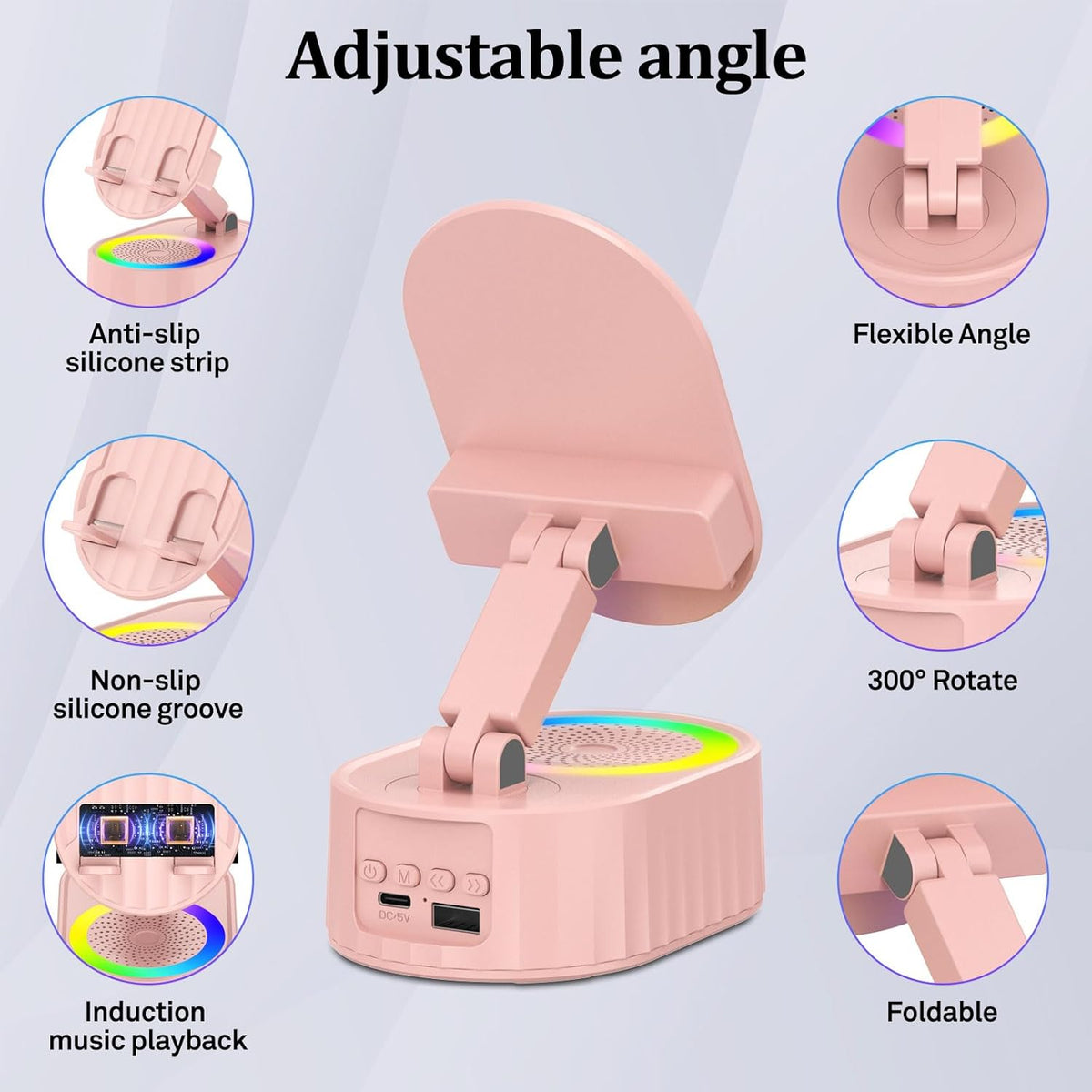 Wireless Induction Audio Bluetooth Speaker 5in1 Phone Holder Emergency Rechargeable (3000mAh) with Colorful Ambient Light 300° Foldable for Tablet iPhone Android, Womens Birthday Gifts(Pink)