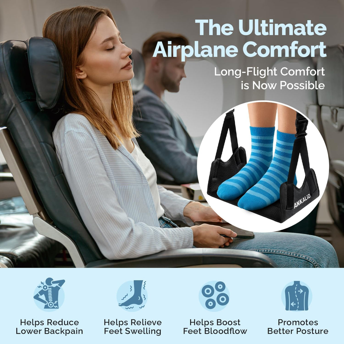 1 Pack No-Collapse Airplane Foot Hammock–Adjustable Foot Hammock for Plane Travel with Thick Bamboo Base, Lightweight Travel Footrest for Office, Flights(Black)