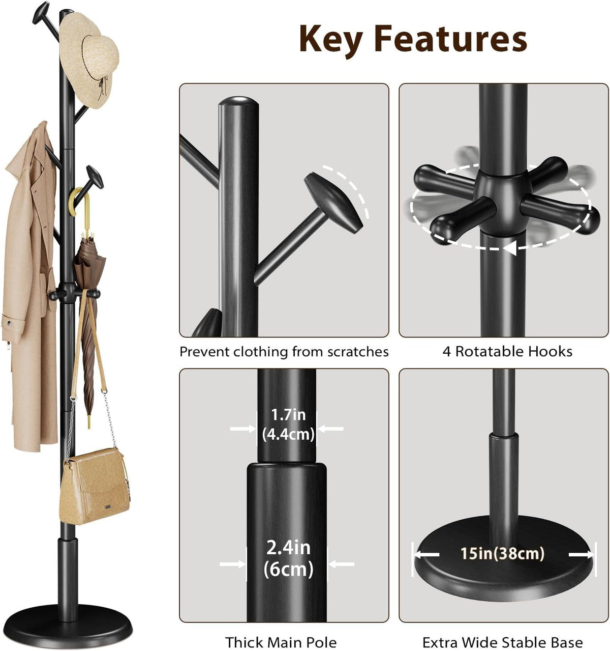 Solid Wood Coat Rack Freestanding Coat Tree with 10 Hooks for Bedroom, Livingroom, Entryway, Sturdy Coat Hanger Stand for Hats, Coats, Scarves, Handbags, Purses