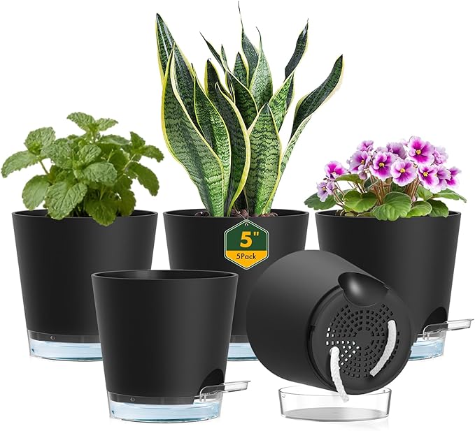 5 inch Self Watering Flower Pots for Indoor Plants, 5 Pack Small Plant Pots with Drainage Holes & Clear Reservoir for Visible Water Level, Plastic Wicking Planter Pots for House Plants, Black