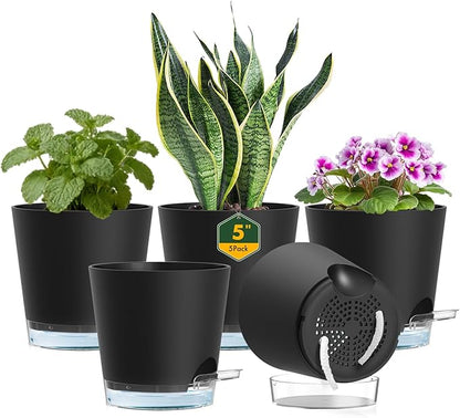 5 inch Self Watering Flower Pots for Indoor Plants, 5 Pack Small Plant Pots with Drainage Holes & Clear Reservoir for Visible Water Level, Plastic Wicking Planter Pots for House Plants, Black