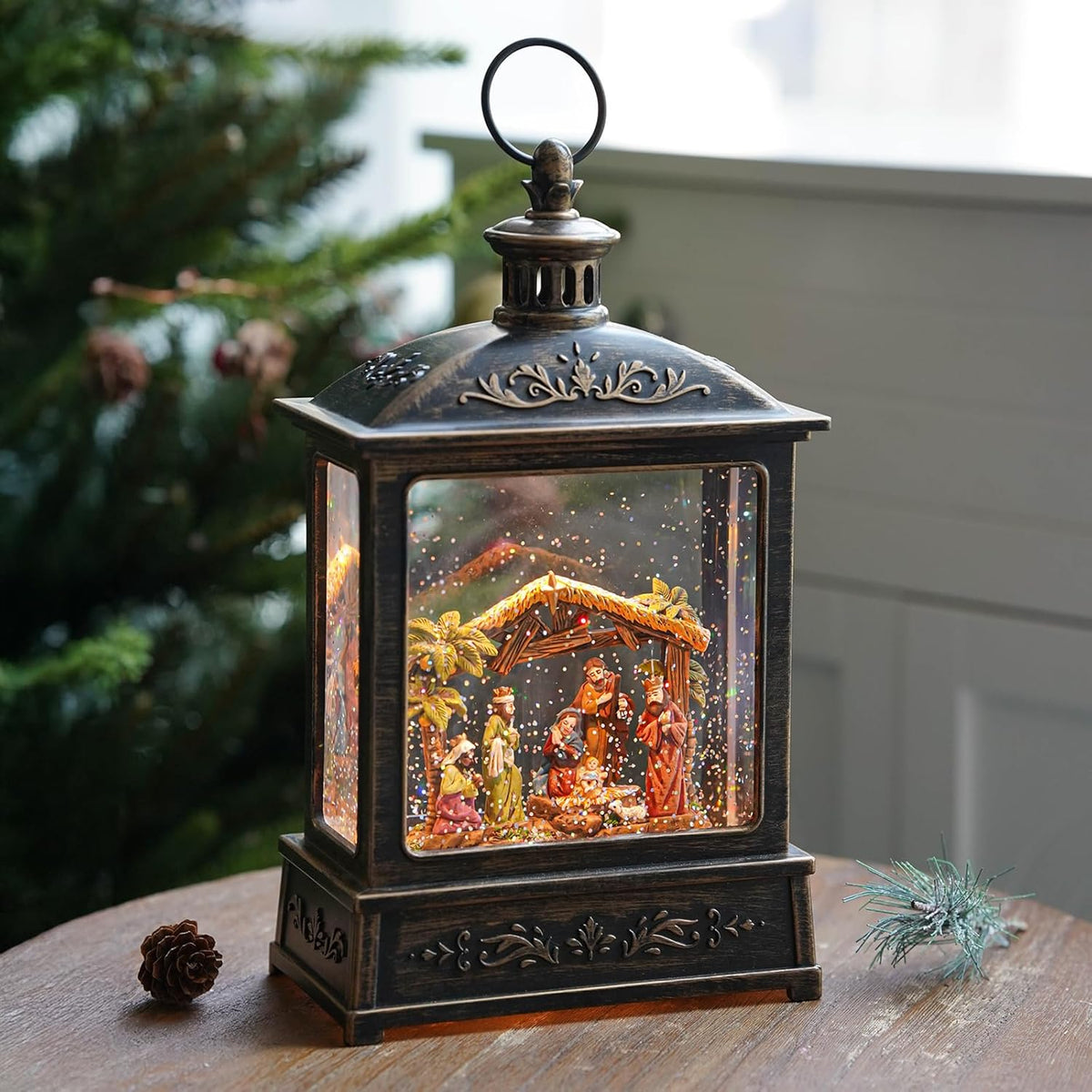 Christmas Snow Globe Glittering Nativity Scene with Music & Timer, USB Lined/Battery Operated Lighted Water Lantern for Christmas Festival Decoration Gifts