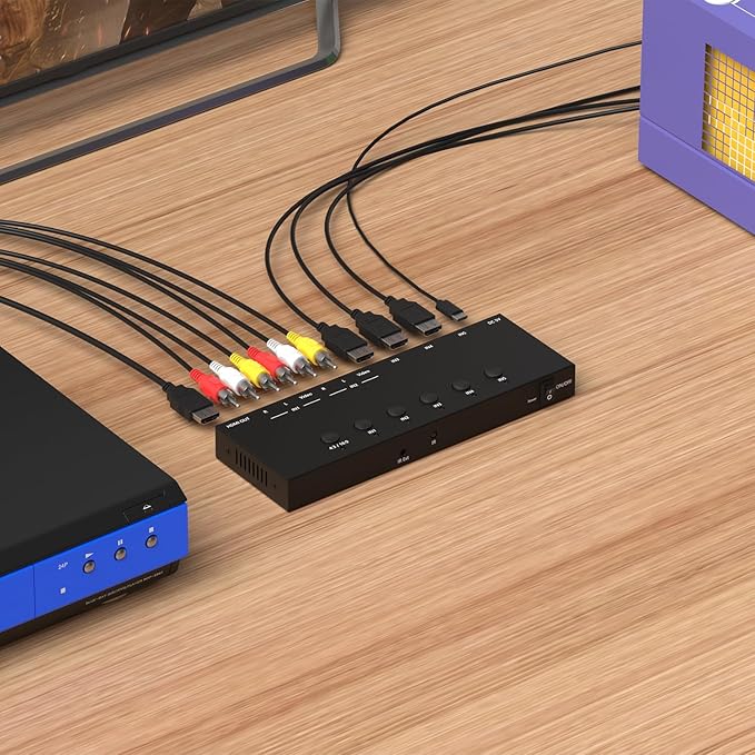 5 in to 1 Out RCA/HDMI Switcher，3 Way HDMI 2.0 + 2 RCA to HDMI Converter