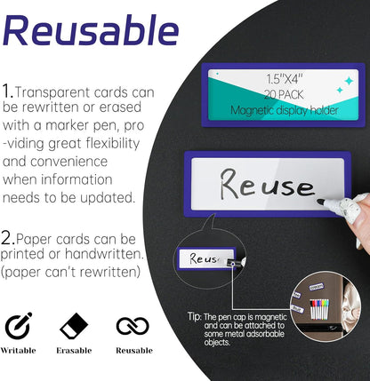 20Pcs Magnetic Plastic Label Holder 1.5x4 inch for Supermarket Store Price Tag Metal Shelf File Storage Cabinet Drawer Label Tag Resuable with 8 Color Chalk Makers, 20Pcs White Paper (Blue)