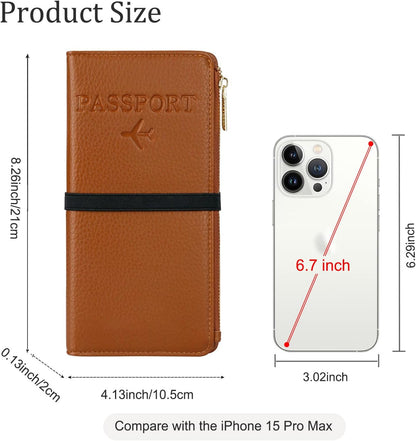 Real Leather Wallet RFID Blocking Passport Holder with Zipper Pocket Travel Organizer Pink (Brown)
