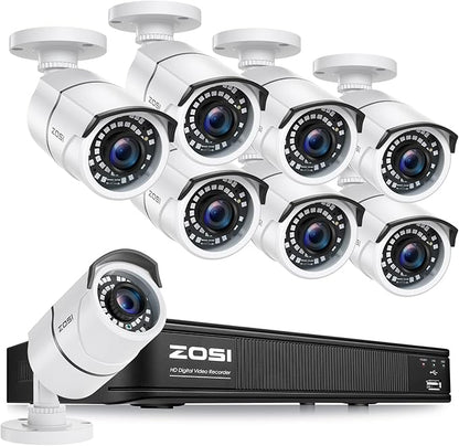 ZOSI 1080p H.265+ Security Camera System for Home, 5MP Lite 8 Channel CCTV DVR and 8 x 1080p Weatherproof Bullet Cameras Outdoor Indoor with 120ft Night Vision and 105°Wide Angle (No HDD Included)