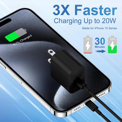iPhone 16 15 Fast Charger and 10ft Type C to C Cable Cord Long,20W USB C Charging Block for Apple iPhone 16 Pro/16 Plus/15 Pro Max/15/iPad Wall Plug Power Adapter Cube Brick 12.9/11/Air 4th/6 Gen/Mini