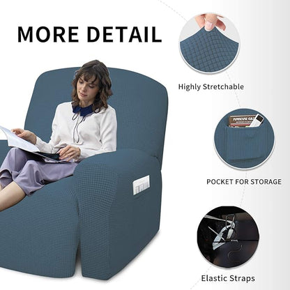 Easy-Going 4 Pieces Oversized Recliner Stretch Sofa Slipcover Sofa Cover Furniture Protector Couch Soft with Elastic Bottom Polyester Spandex Jacquard Fabric Small Checks Bluestone,X-Large