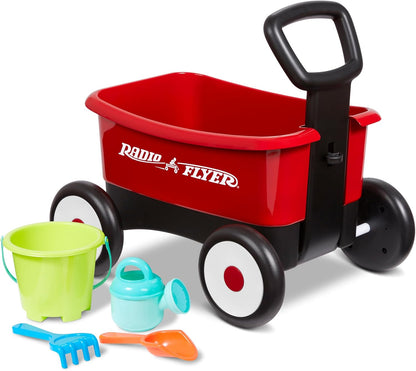 radio flyer push & pull walker wagon with garden tools, red, for kids 1-4 years old
