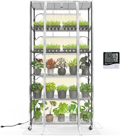 Bstrip Indoor Greenhouse with Grow Light, Mini Green House with 5 Pack T8 Full Spectrum Plant Lights, Plant Shelf with Tent for Indoor Plant, Seed Starting, Seed Tray, 35.4"x13.8"x71"