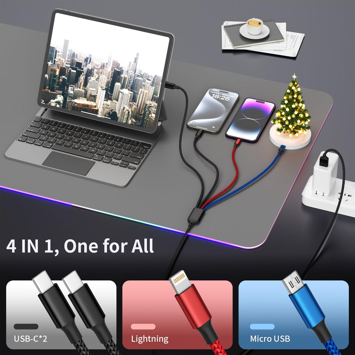 Travel Essentials, Dual Type-C 4 in 1 Multi Charging Cable for Multiple Devices, USB Cables Universal Phone Charger Cord with IP/Micro/2 USB-C Port for iPhone16/15/14, Android Tablet Pad, 2Pack 5FT