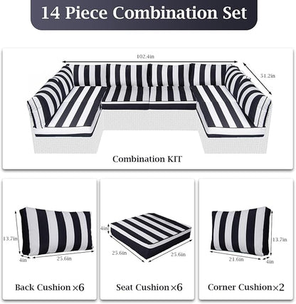 Outdoor Sectional Cushions, 4" Foam High-Density, Water-Resistant Couch Cushions Replacement Set, 14 Piece Patio Sectional Cushion for 6-Seat Sectional Patio Conversation Sets (Black white stripes)