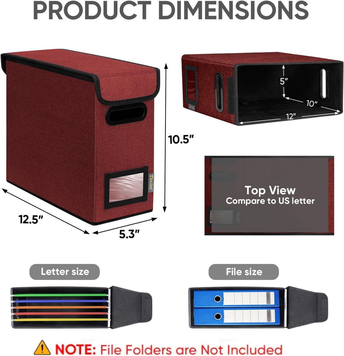 BALEINE File Organizer Box with Lid, Collapsible File Folder Organizer with Plastic Slide, Hanging File Folder Box for Office Document Storage (2 Pack, Red, S)
