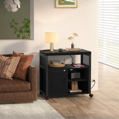 Unikito Lateral File Cabinet, Locking Office Filing Cabinets with Socket and USB Charging Port, Modern Rolling Printer Stand with Storage for A4, Letter Size and File Folders, Black