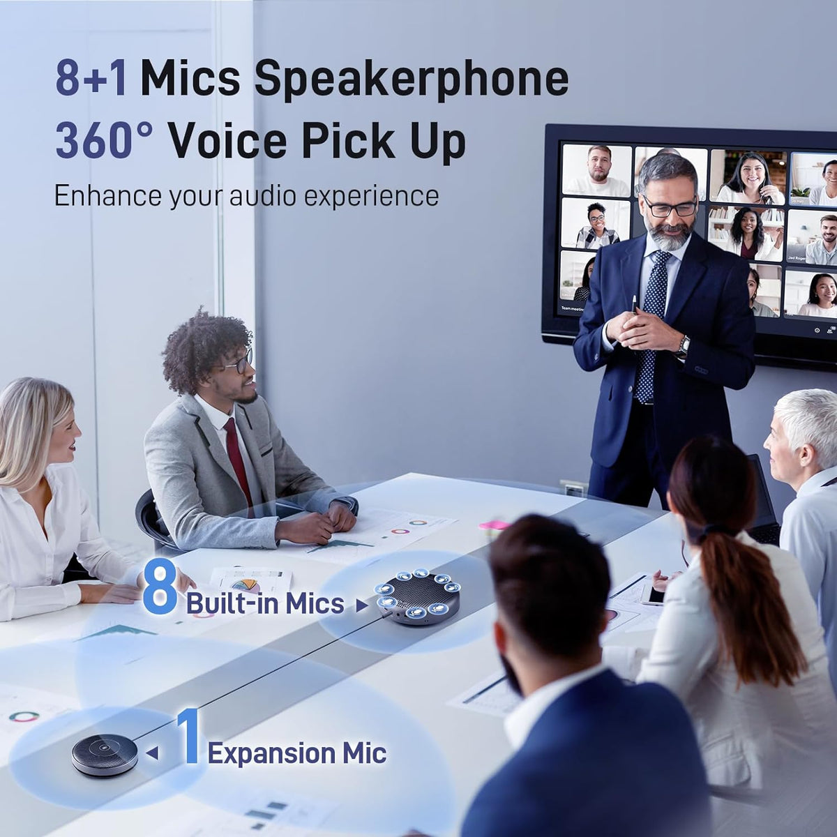 EMEET Conference Speaker and Microphone w/8+1 Mics, 360° Voice Pickup, Noise Reduce, Bluetooth/USB/Dongle Speakerphone for 14 People w/Daisy Chain for 25, Compatible w/Leading Platforms, 2025 Version