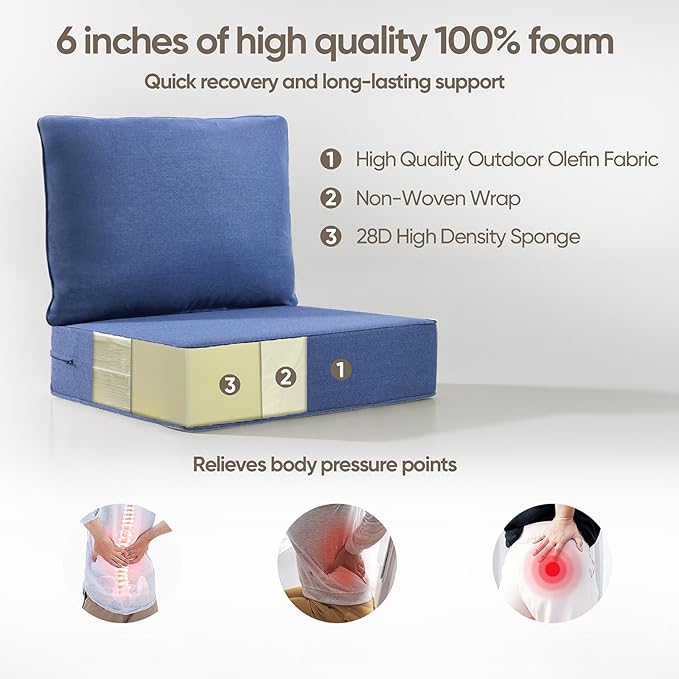 6" Thick Outdoor Cushion, 24*24*6" Patio Furniture Cushions with Waterproof Patio Furniture Cushions with Removable Cover, 28D High Density Patio Cushion for Outdoor Furniture, Blue-2pcs