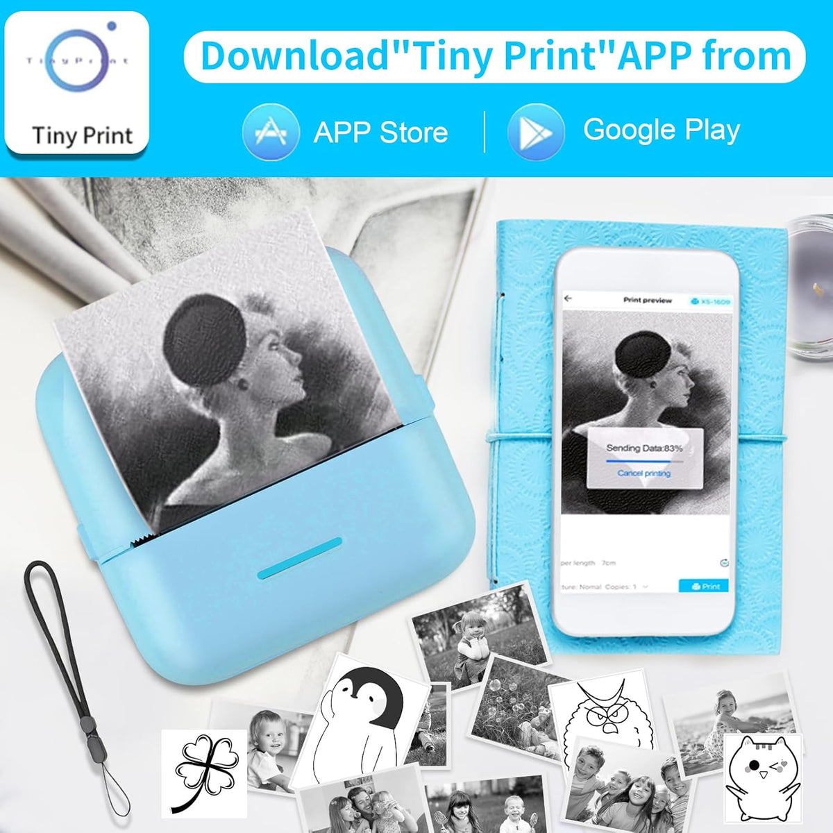 HuiJuKeJi Mini Sticker Printer Bluetooth Smart Pocket Inkless Thermal Printer with 11 Rolls Thermal Paper and Sticker for iOS&Android, Portable Receipt Printer for Photo Journal Notes Memo