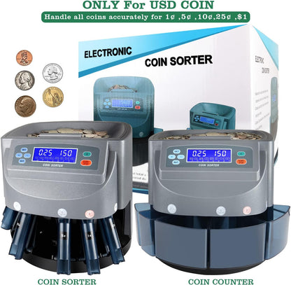 8T8 USD Coin Counter Machine - Professional Automatic Coin Sorter and Wrapper/Roller with LCD Display and 5 Coin Bins and Tubes